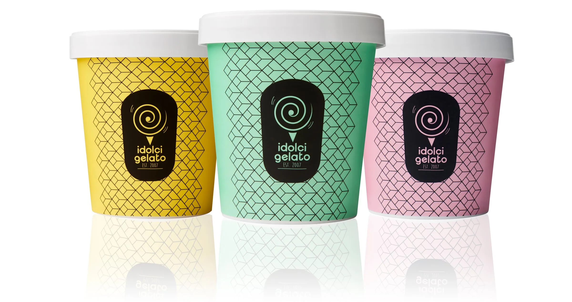 Three Idolci Gelato pint tubs in yellow, green and pink