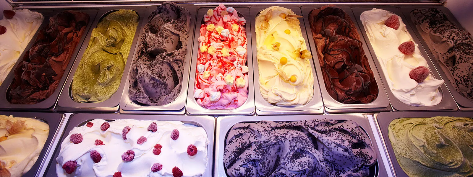 Trays of freshly made gelato in many colours
