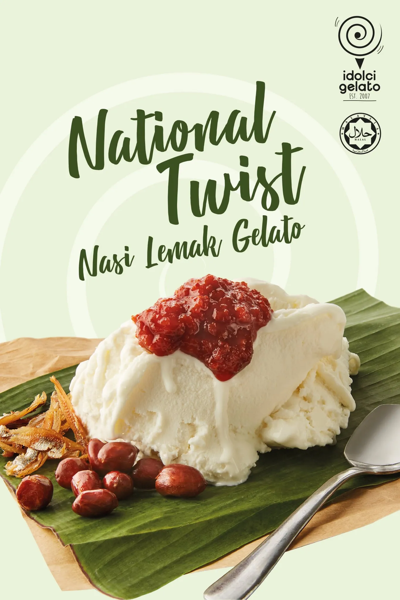 Nasi lemak gelato with sambal, anchovies and peanuts on a banana leaf